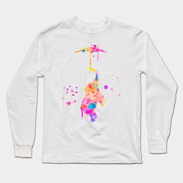 Colorful Pink Baby Elephant With Umbrella Watercolor Painting Long Sleeve T-Shirt by Miao Miao Design